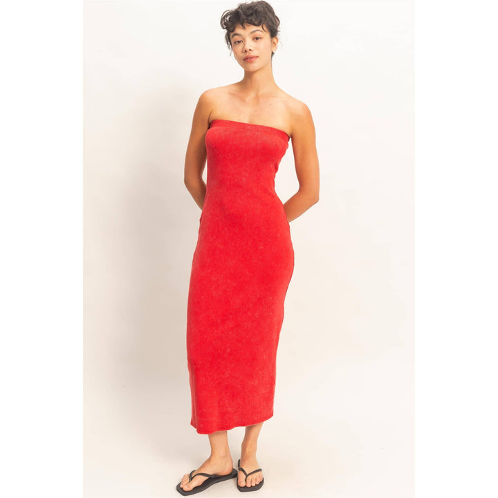Acid Washed Ribbed Midi Tube Dress
