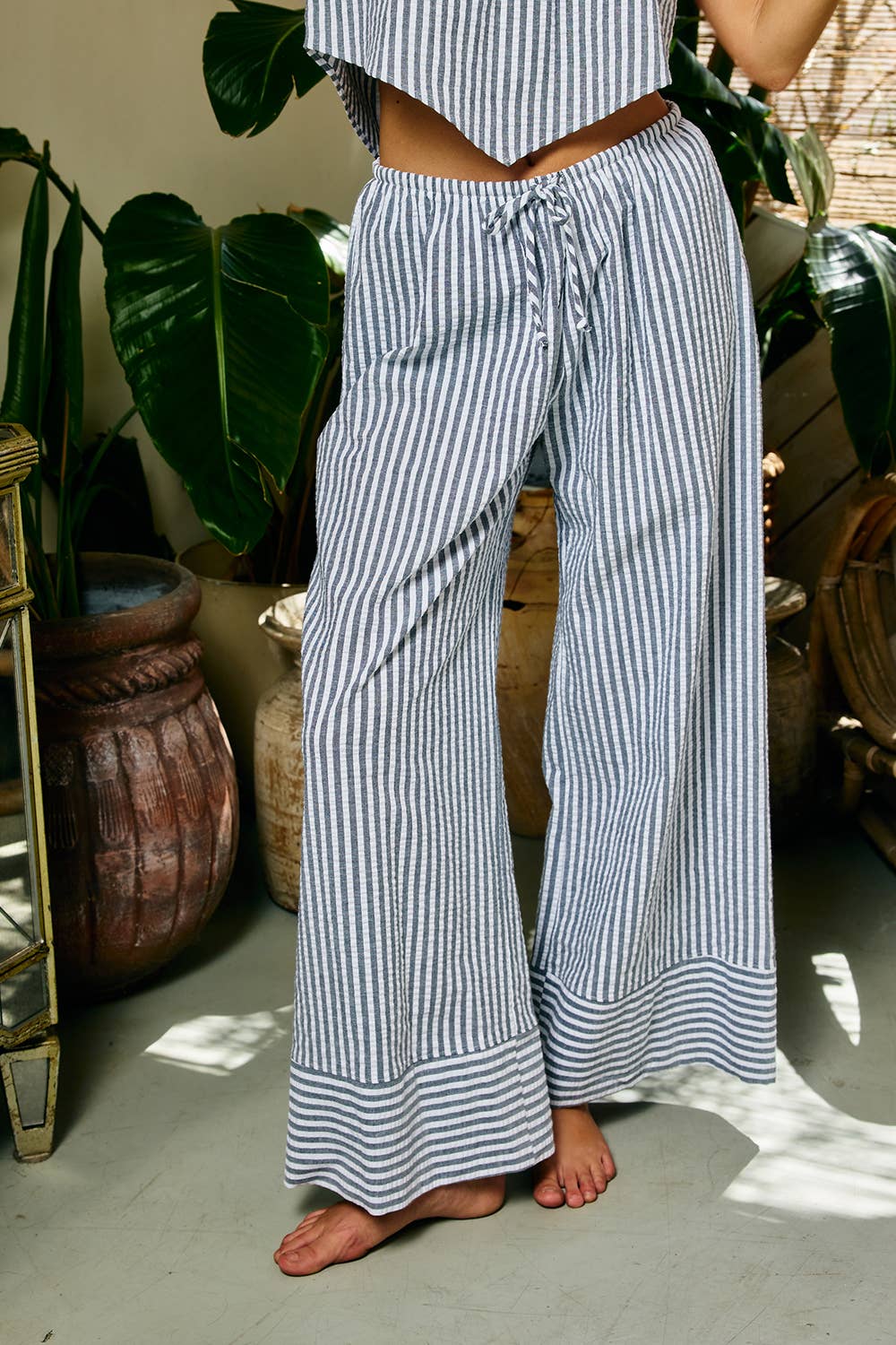 Seesucker Vertical Stripe Wide-Leg Trouser