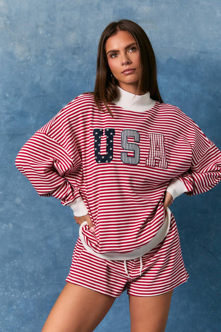 USA Stripe Mock Neck Set