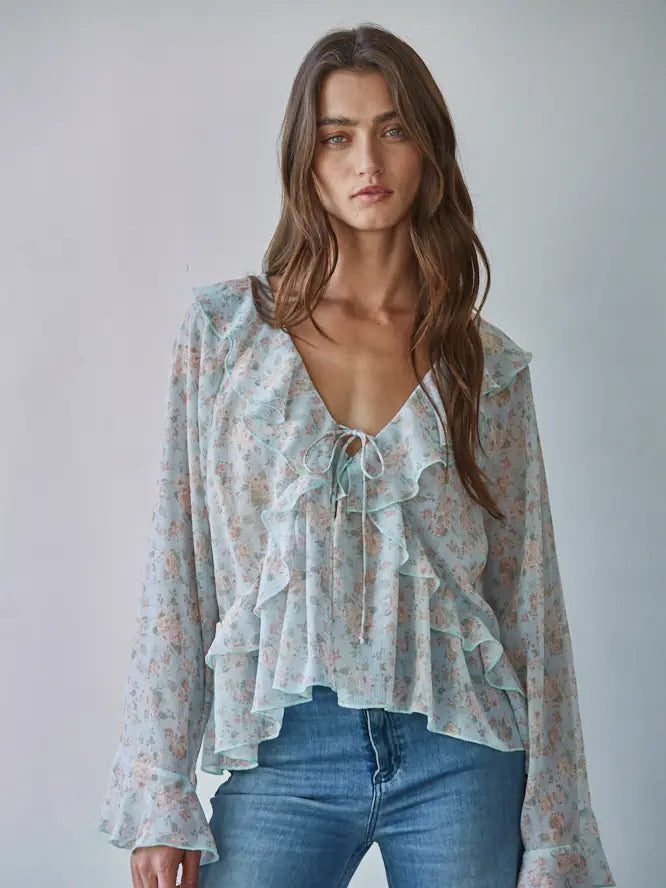 Nova Floral Print Raglan Ruffle Top