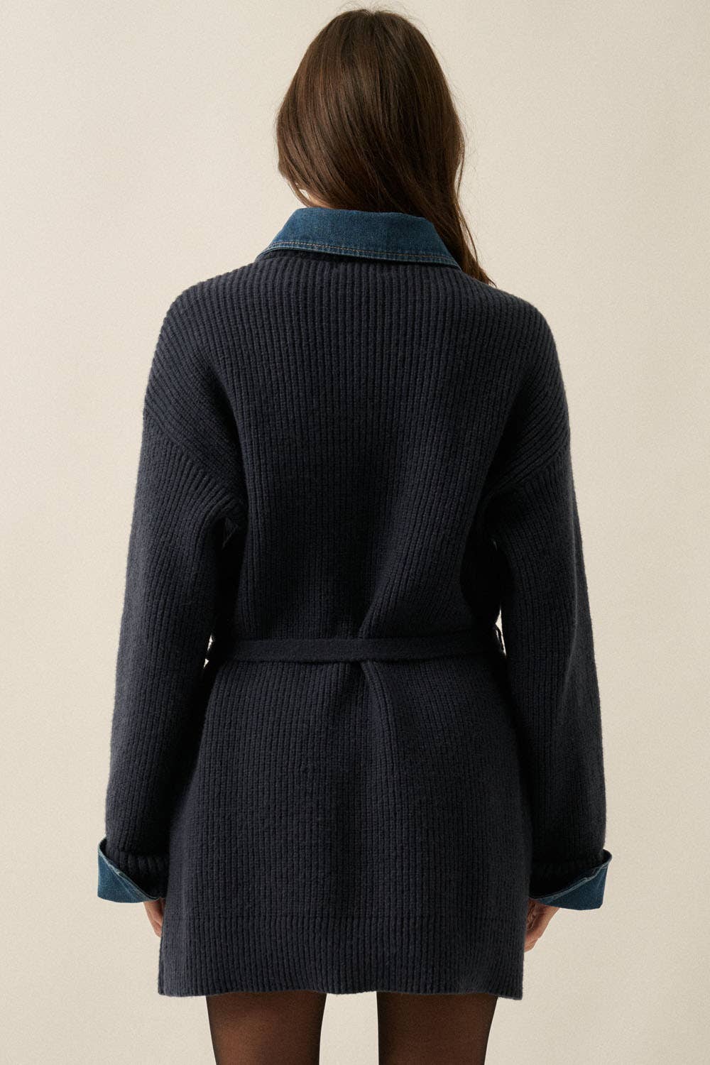 Blake Rib-Knit & Denim Buttoned Mini Sweater Dress