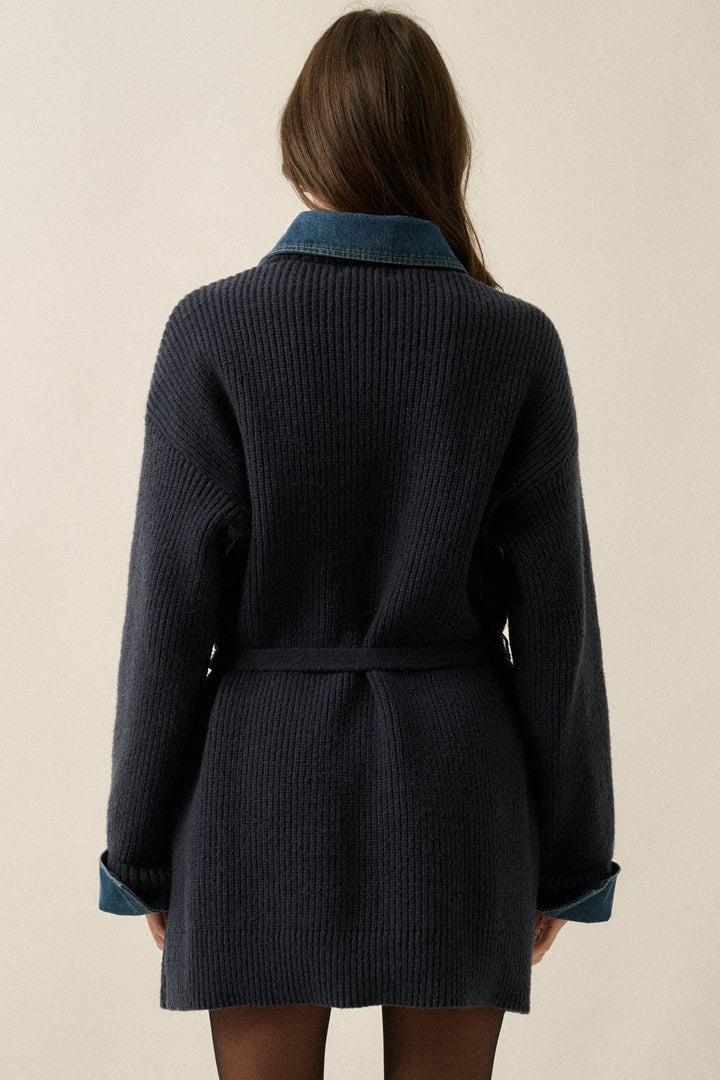 Blake Rib-Knit & Denim Buttoned Mini Sweater Dress