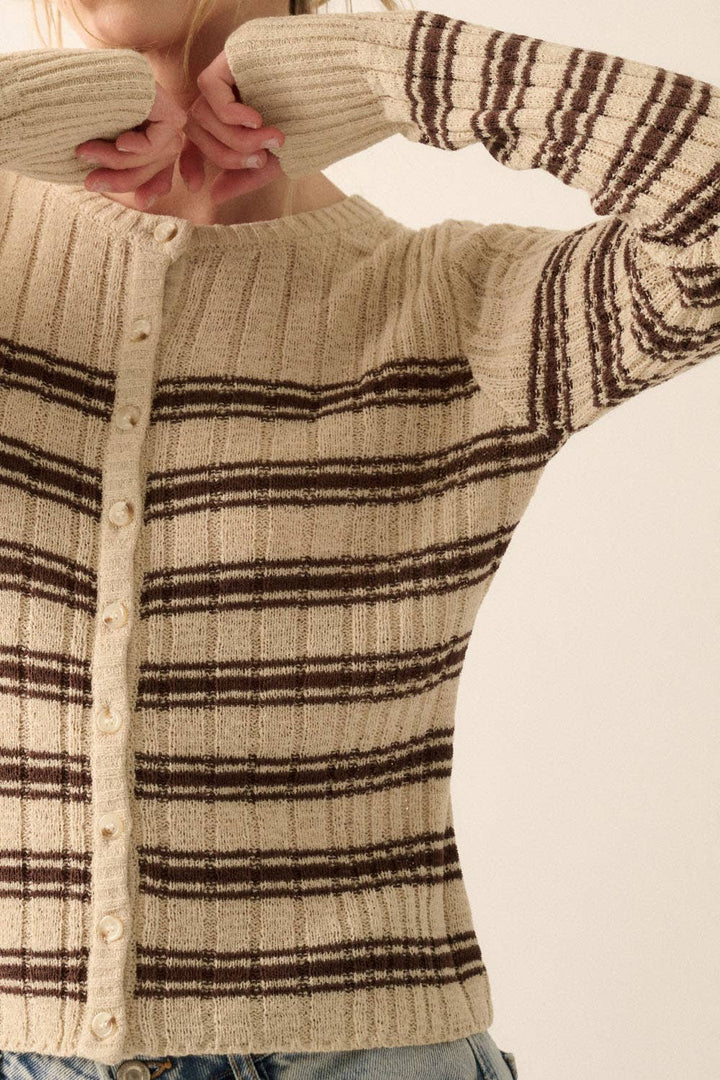Striped Buttoned Rib-Knit Top