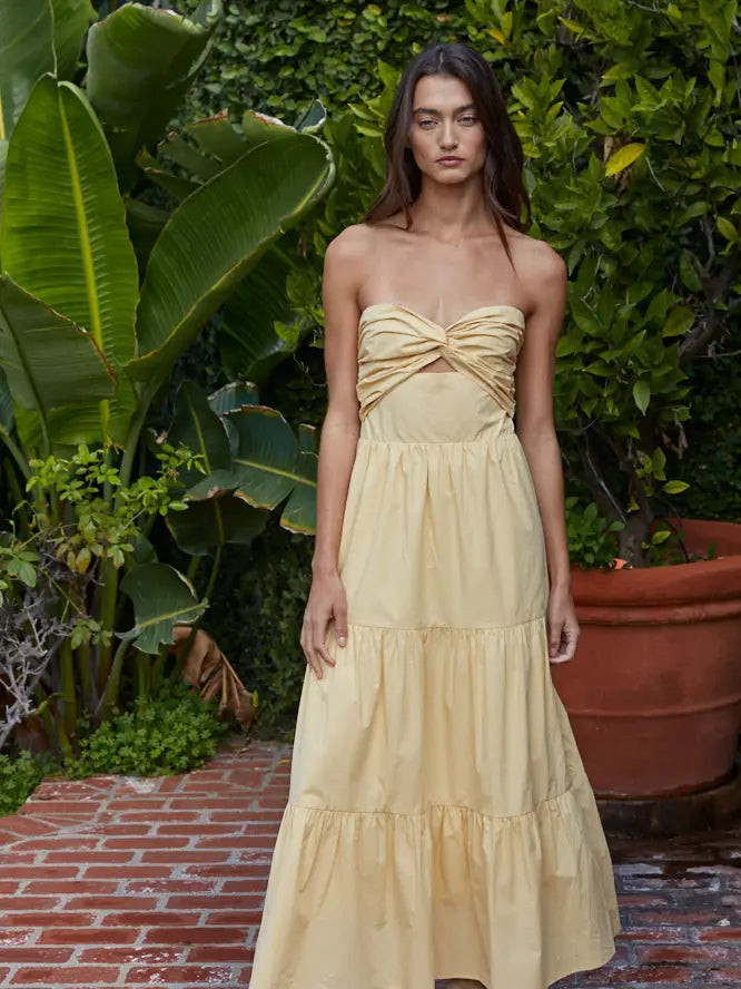 Giallo Tiered Strapless Twist Front Midi Dress