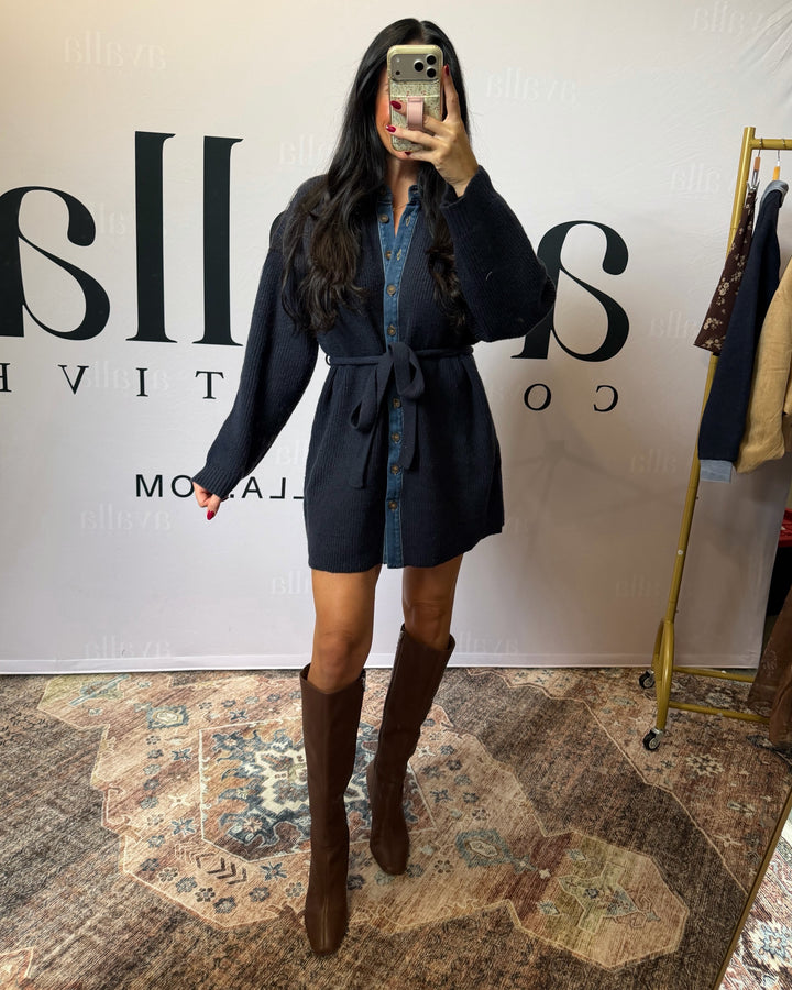 Blake Rib-Knit & Denim Buttoned Mini Sweater Dress