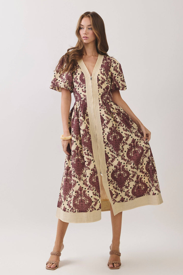 Patricia Puff Sleeve Zip Front Midi Dress