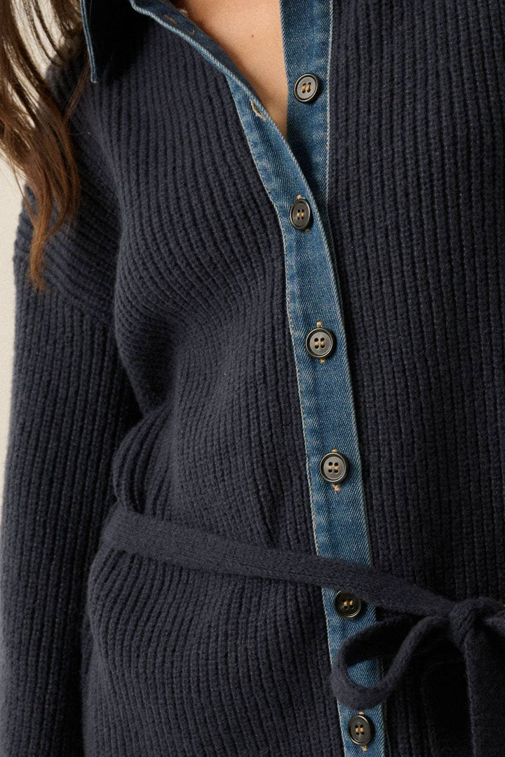Blake Rib-Knit & Denim Buttoned Mini Sweater Dress