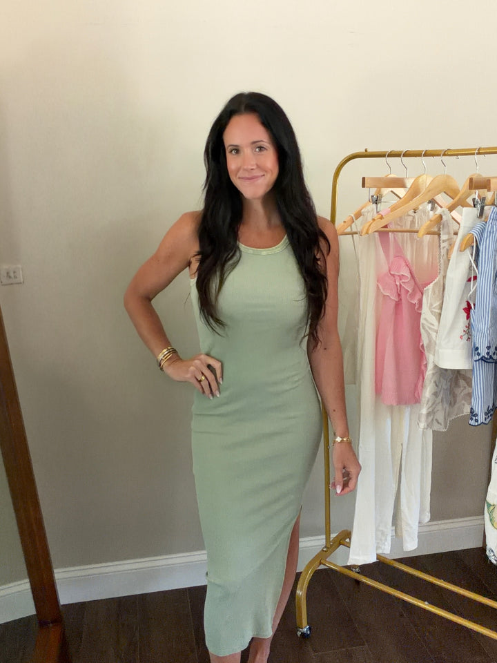 Sage Acid Washed Ribbed Midi Tank Dress