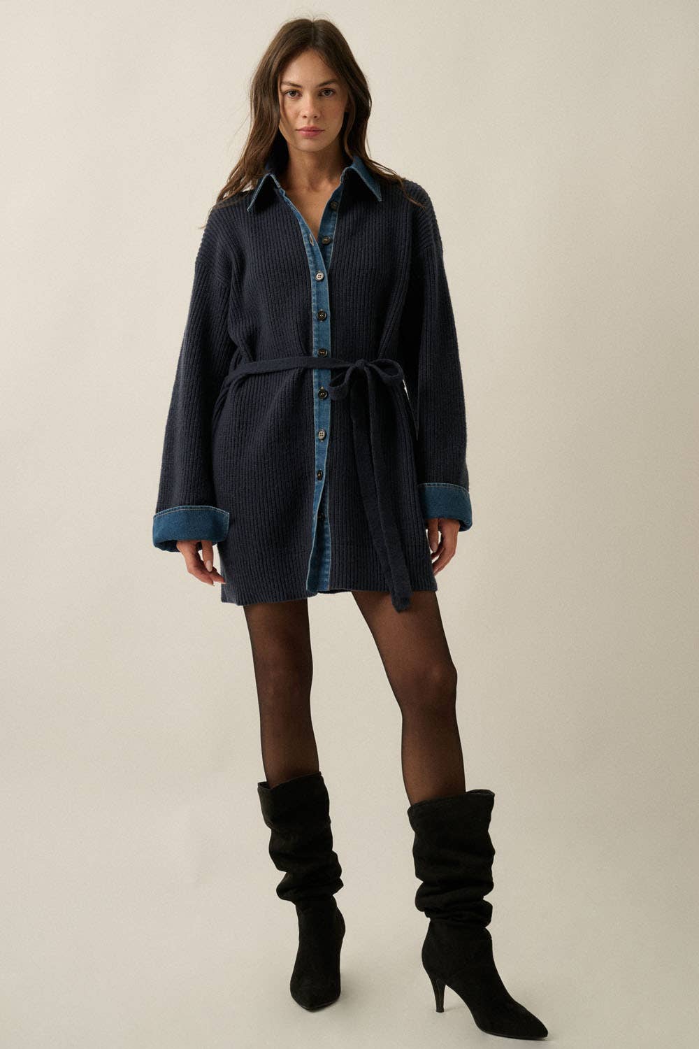 Blake Rib-Knit & Denim Buttoned Mini Sweater Dress