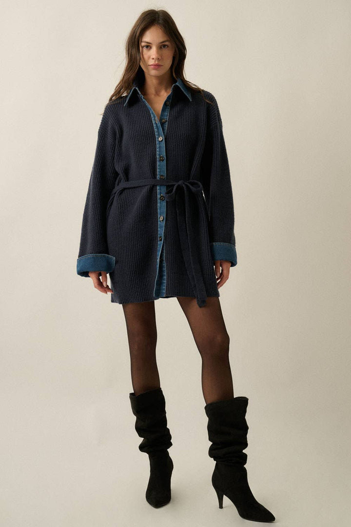 Blake Rib-Knit & Denim Buttoned Mini Sweater Dress