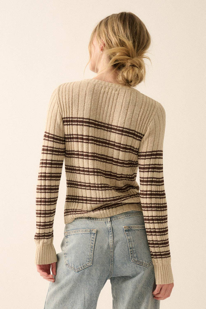 Striped Buttoned Rib-Knit Top