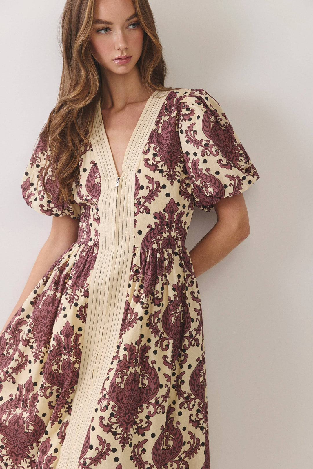 Patricia Puff Sleeve Zip Front Midi Dress