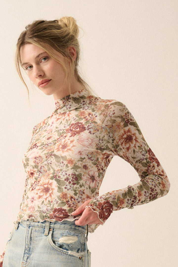 Floral Mesh High-Neck Top