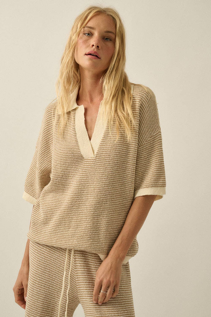 Francesca Striped Rib-Knit Collared Top