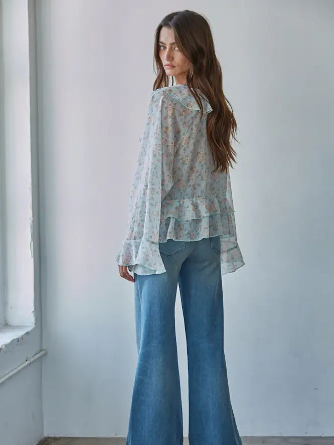 Nova Floral Print Raglan Ruffle Top