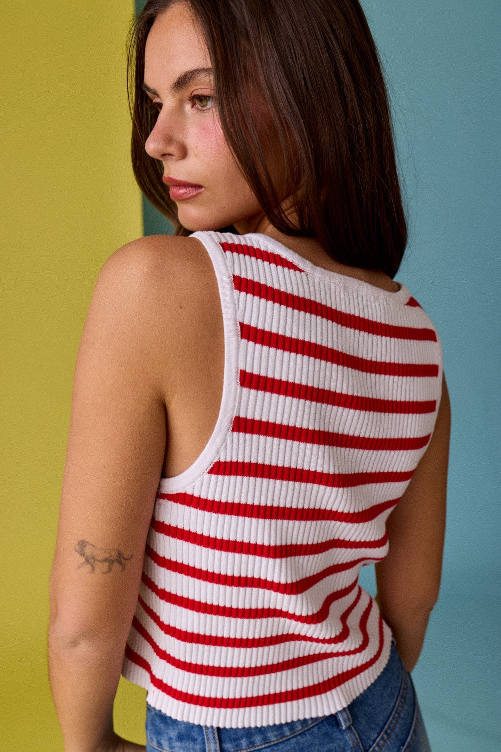 Nina Striped Ribbed Button Front Tank
