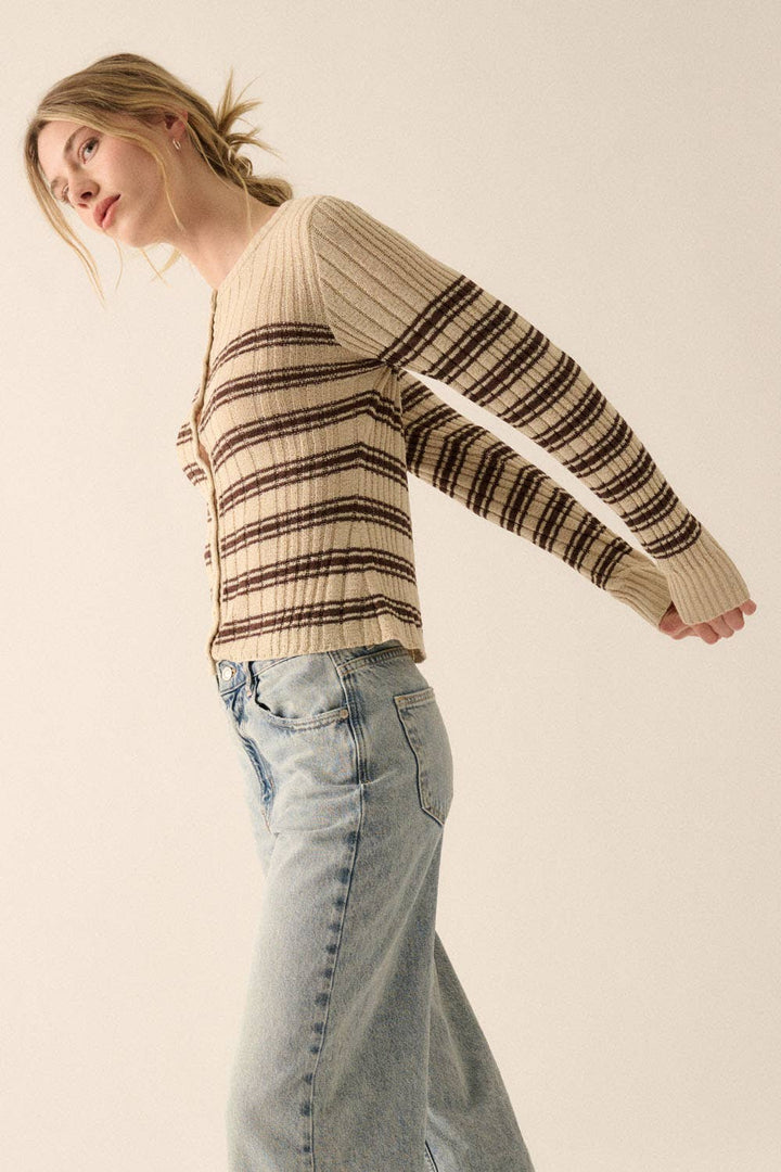 Striped Buttoned Rib-Knit Top