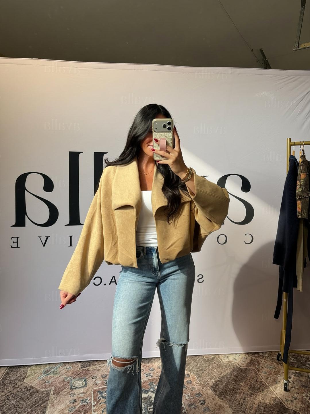 Collins Balloon Hem Suede Open Jacket