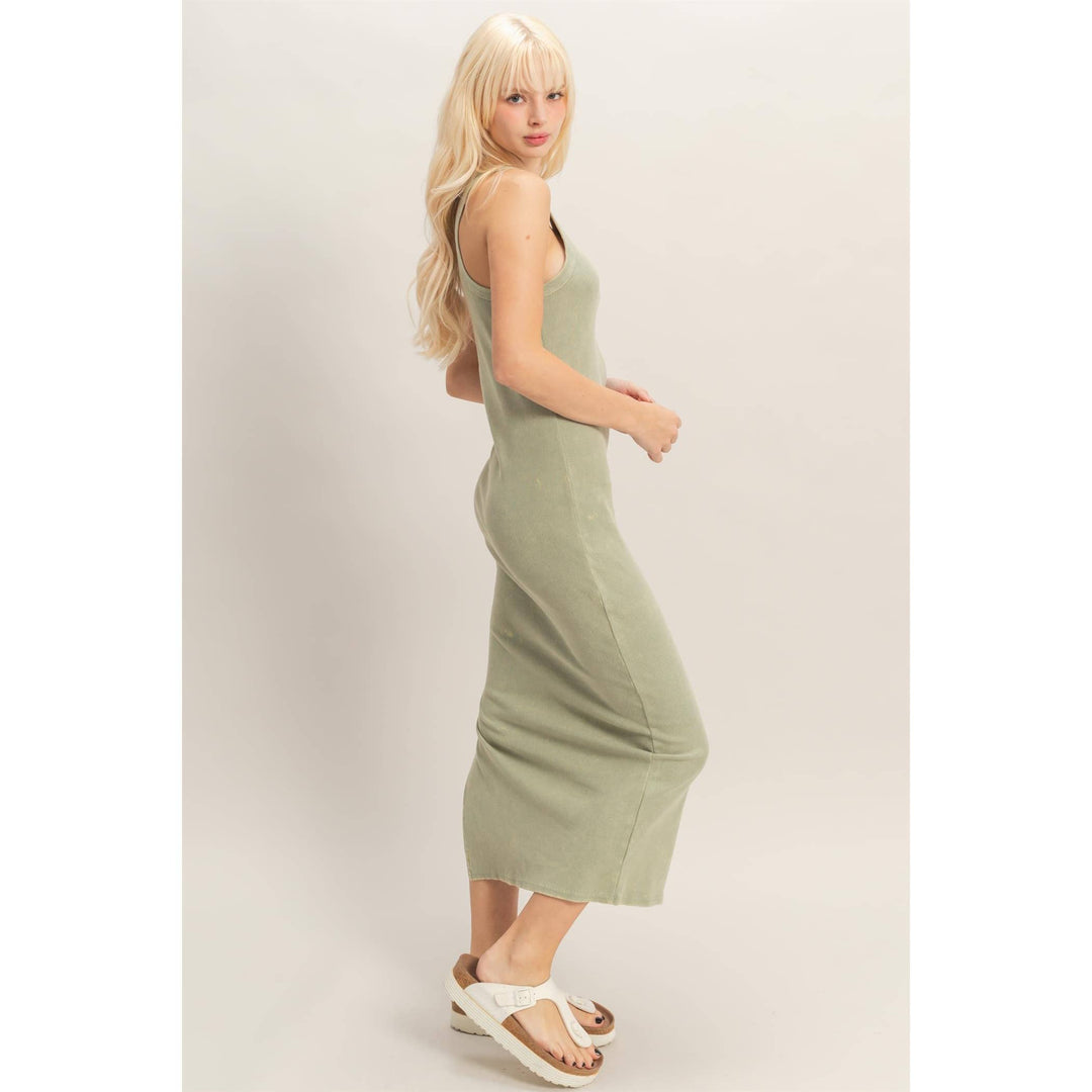 Sage Acid Washed Ribbed Midi Tank Dress