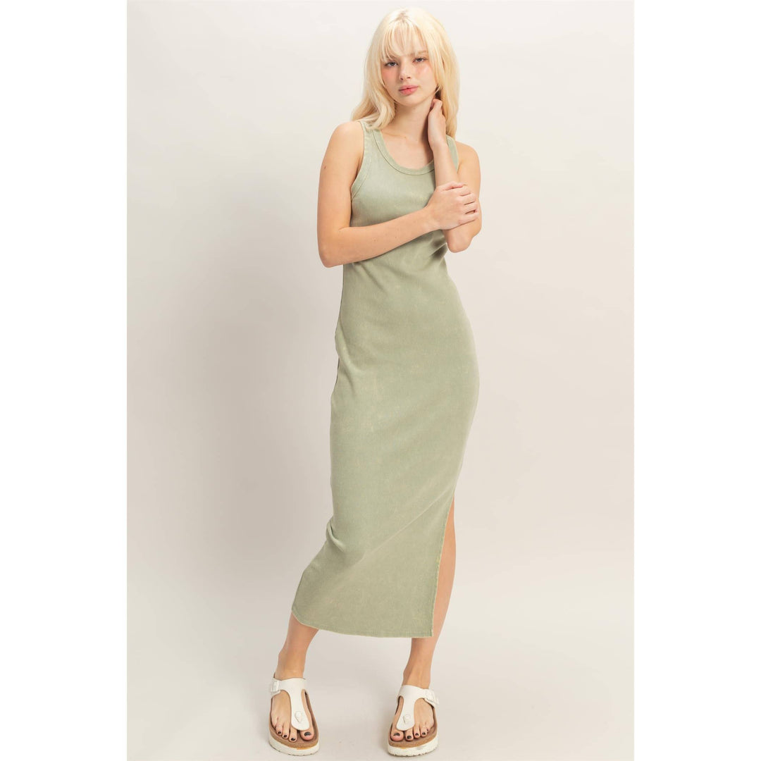 Sage Acid Washed Ribbed Midi Tank Dress