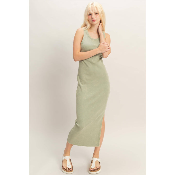 Sage Acid Washed Ribbed Midi Tank Dress