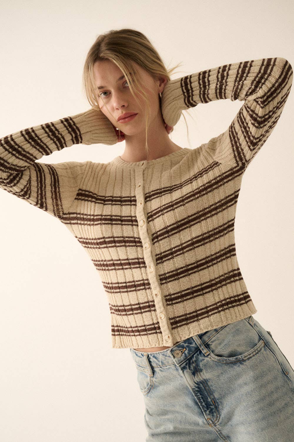 Striped Buttoned Rib-Knit Top