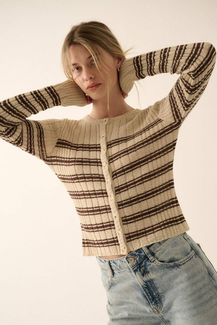 Striped Buttoned Rib-Knit Top