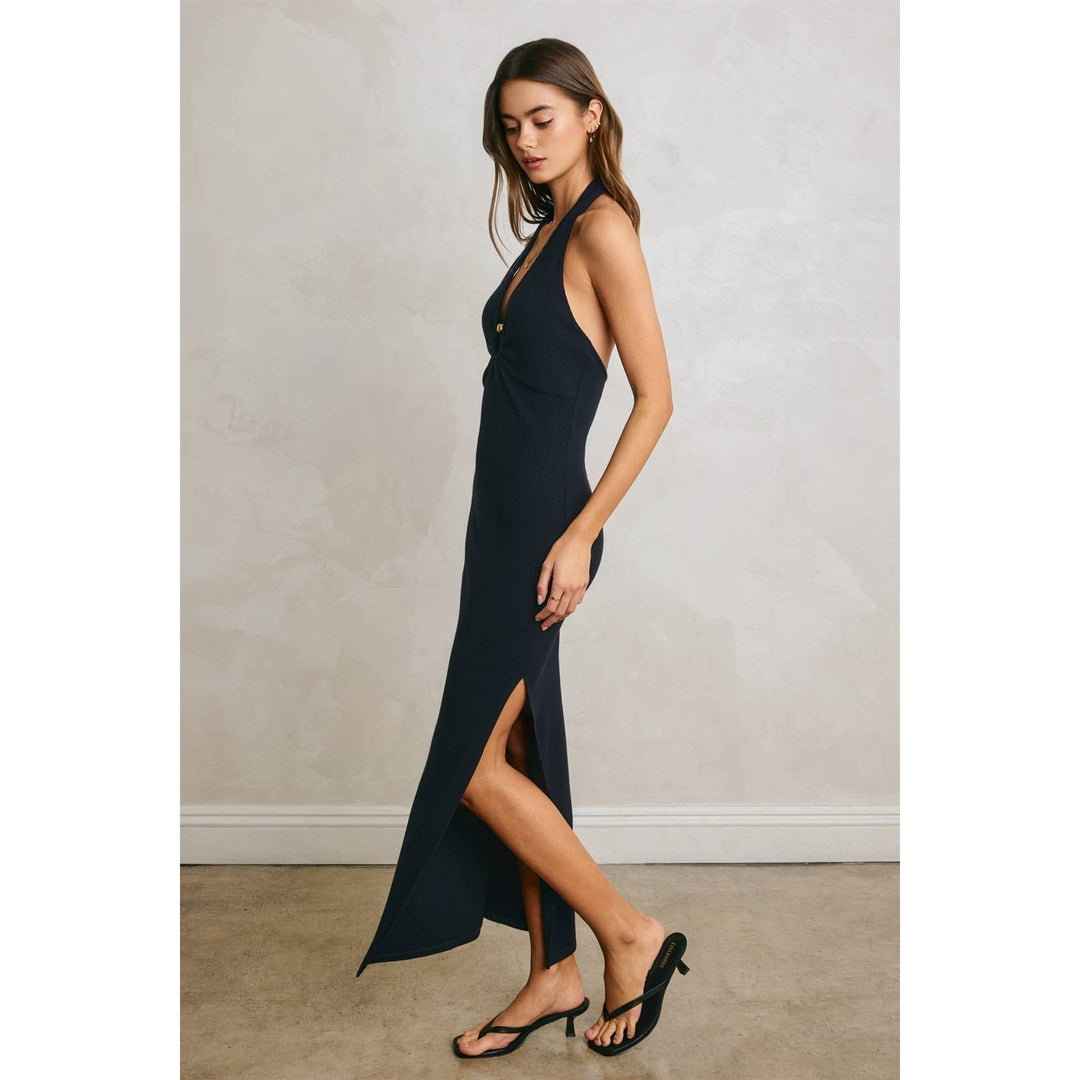 Helios Glow Gold Trim Halter Dress