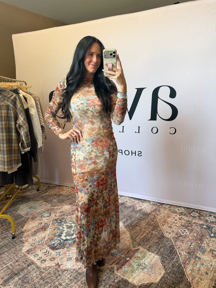 Sienna Floral-Print Mesh Maxi Dress