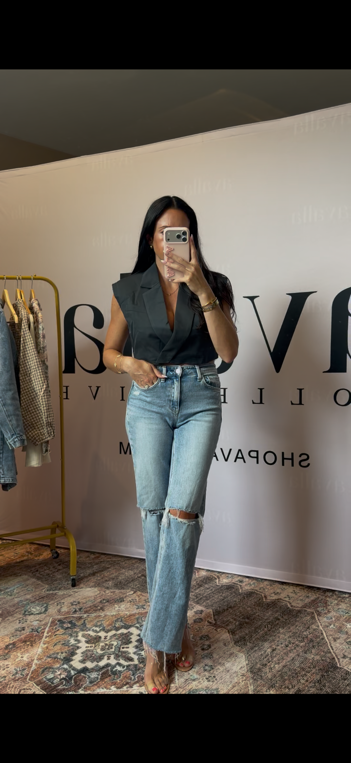 Sloane Cropped Collared Vest with Raw Hem