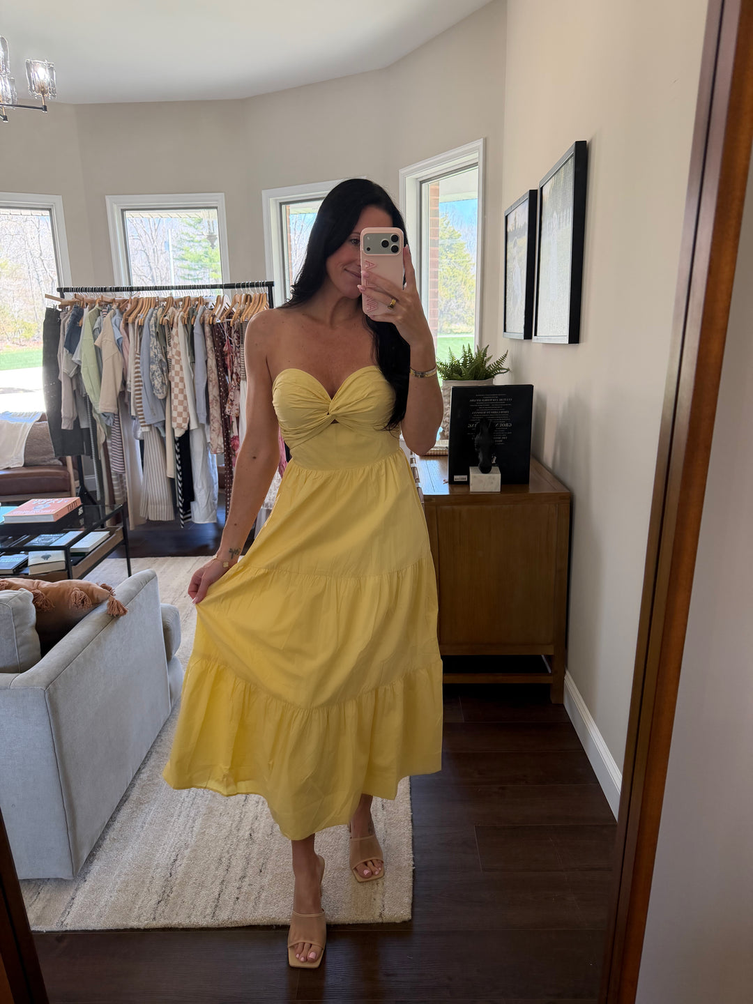 Giallo Tiered Strapless Twist Front Midi Dress