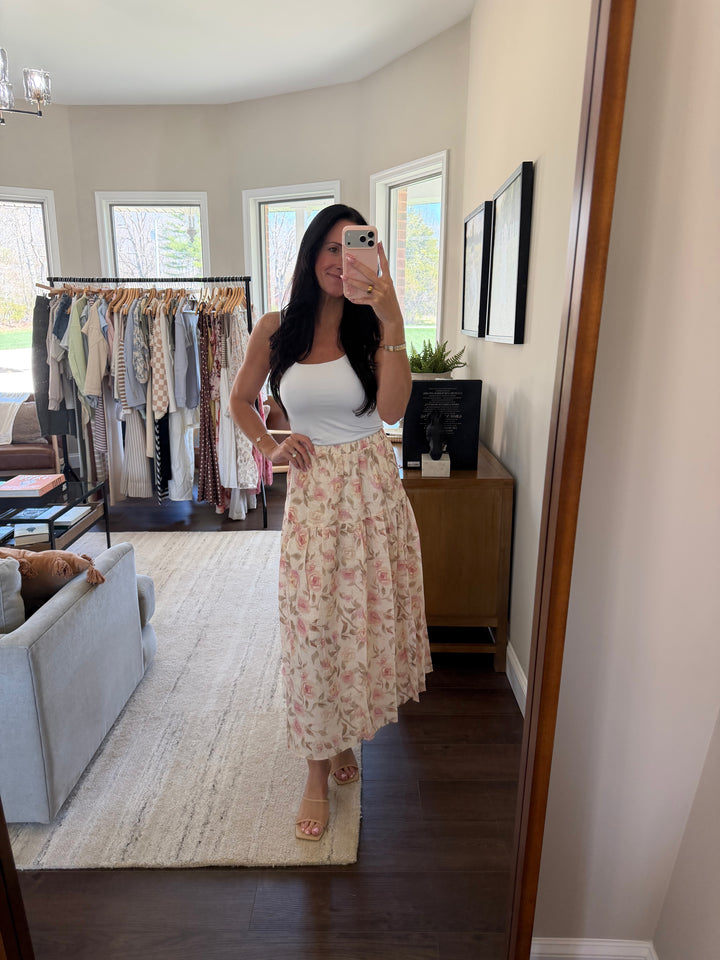 Alora Floral Tired Midi Skirt