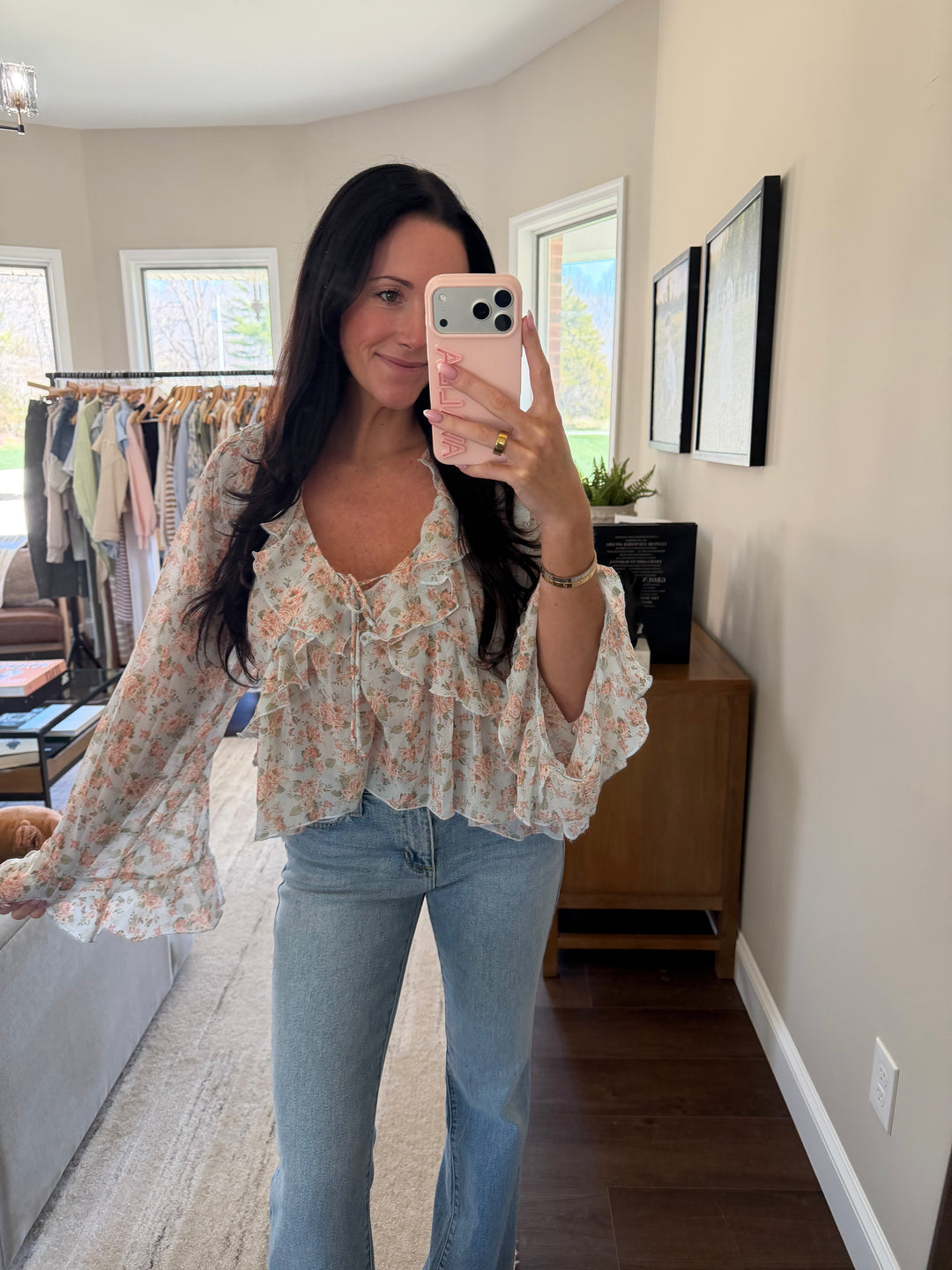 Nova Floral Print Raglan Ruffle Top