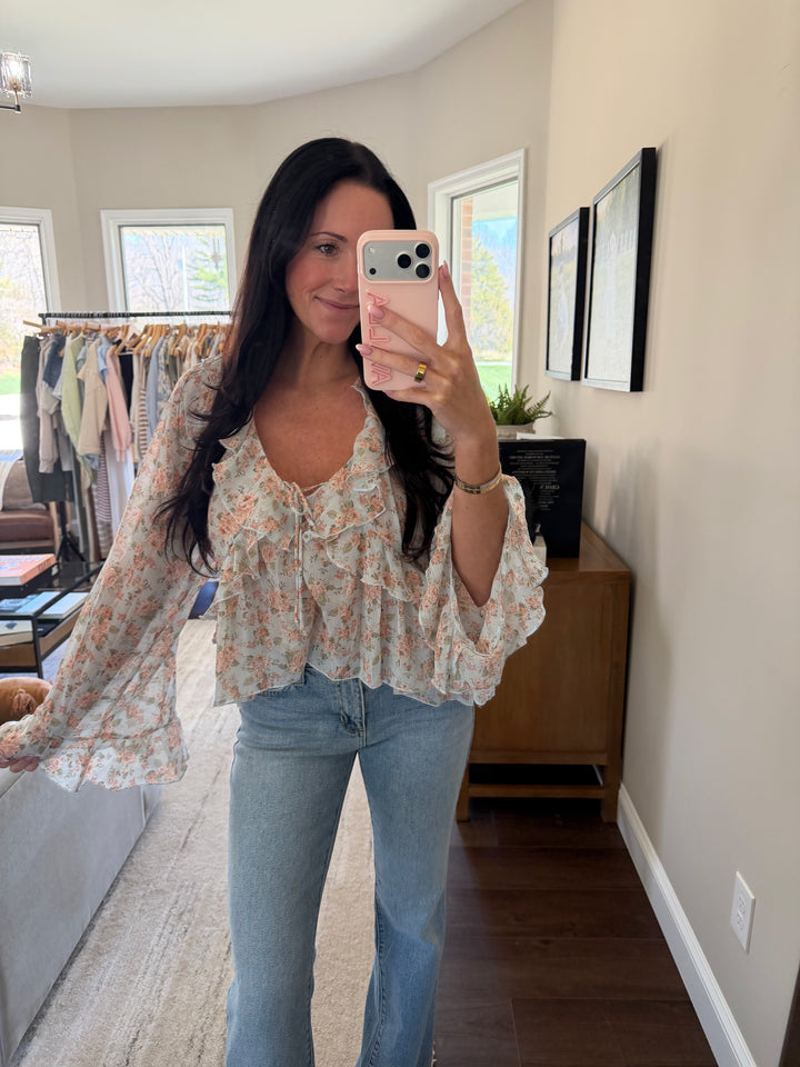 Nova Floral Print Raglan Ruffle Top