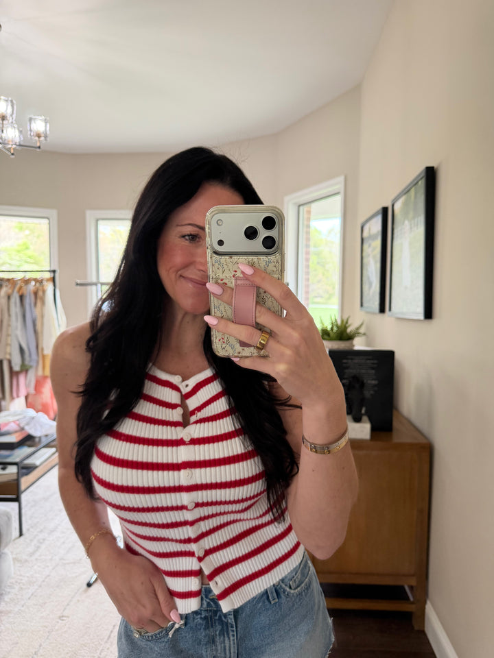 Nina Striped Ribbed Button Front Tank