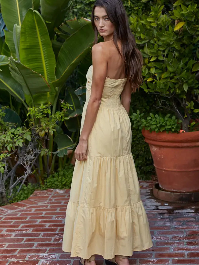 Giallo Tiered Strapless Twist Front Midi Dress