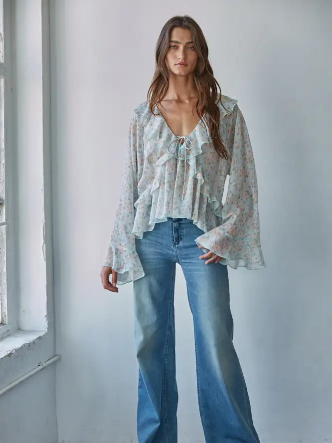 Nova Floral Print Raglan Ruffle Top