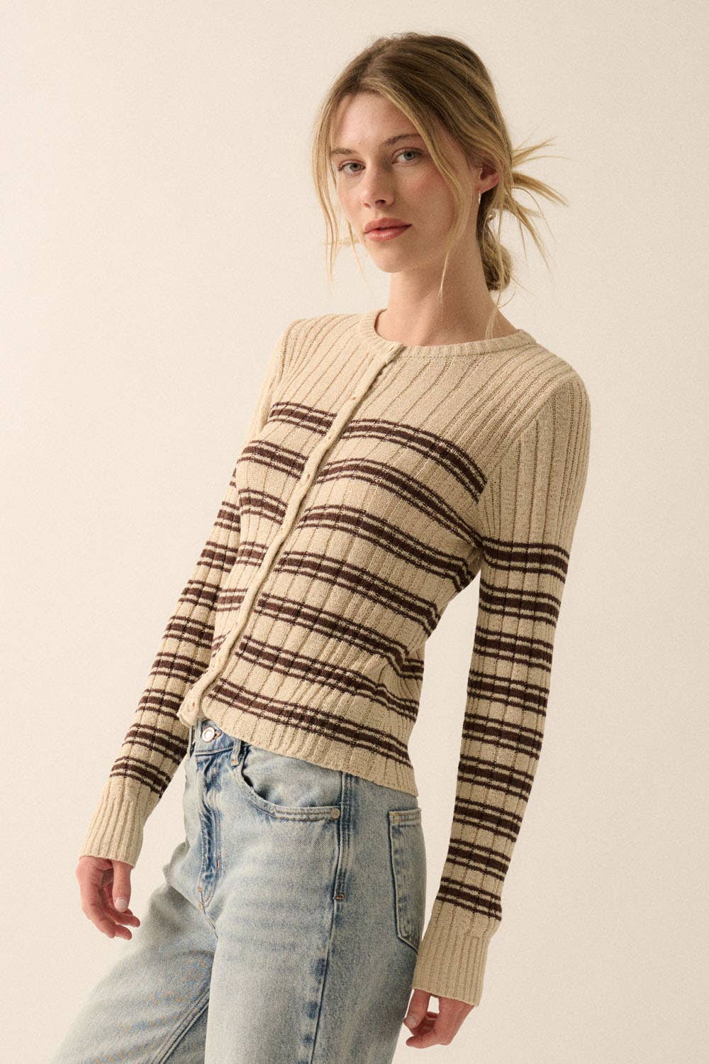 Striped Buttoned Rib-Knit Top