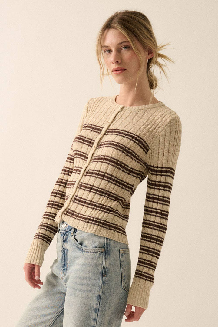 Striped Buttoned Rib-Knit Top